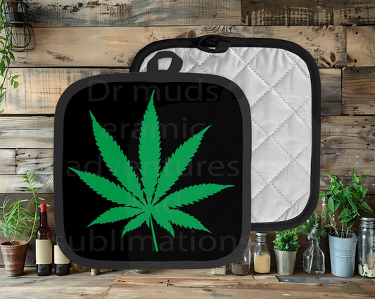 420 DA WEED pot holder with green leaf design on black polyester front.
