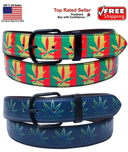 Leather belt with marijuana weed leaf design, available in green or rasta styles, featuring a black metal buckle.