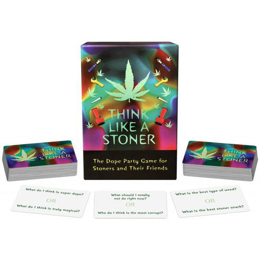 Kheper Games Think Like A Stoner party card game with colorful packaging and cards displaying fun questions.