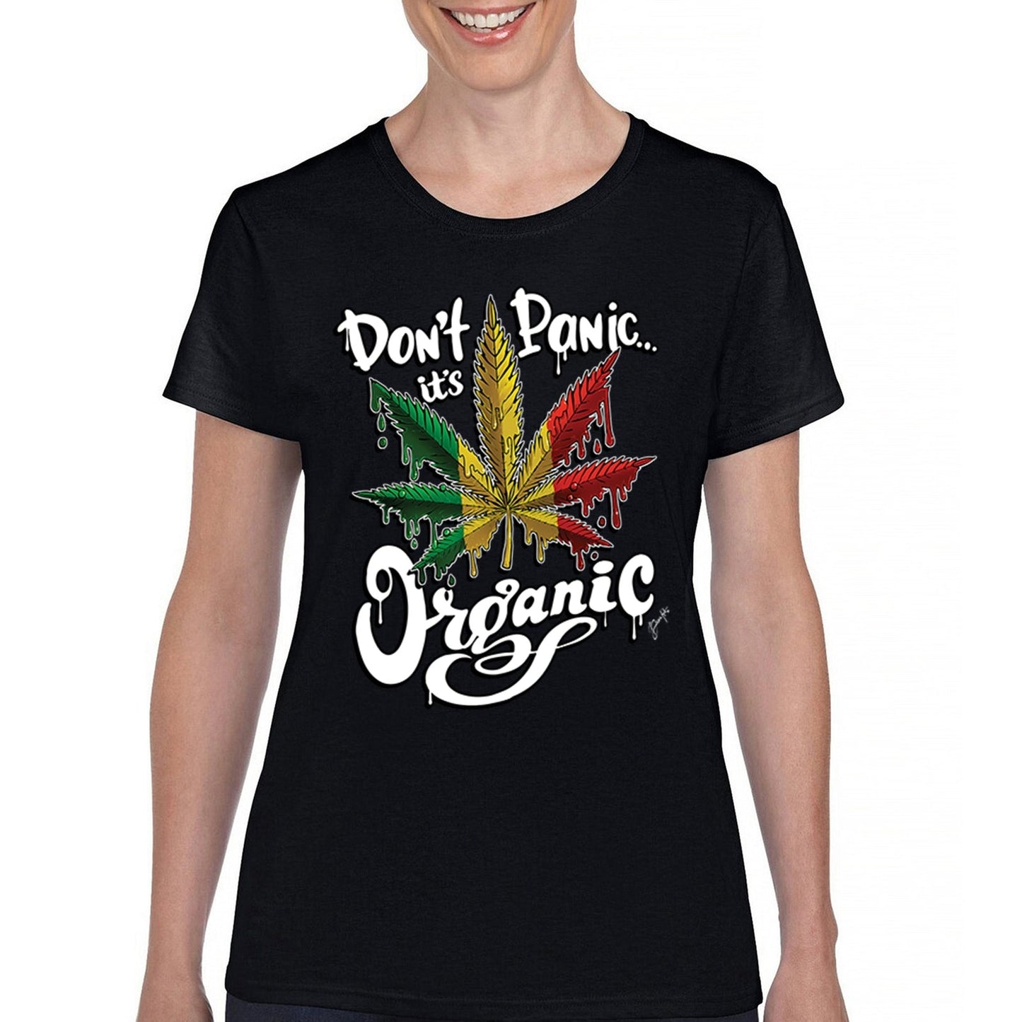 Women's black t-shirt with "Don't Panic It's Organic" and colorful cannabis leaf print.