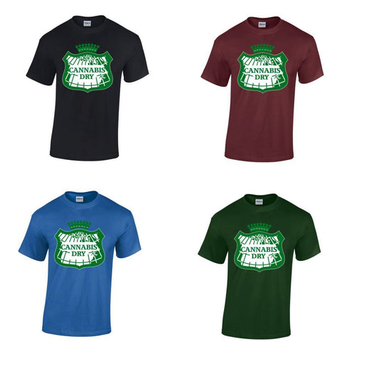 Cannabis Dry Adult Funny T-Shirt in various colors with screen-printed design.