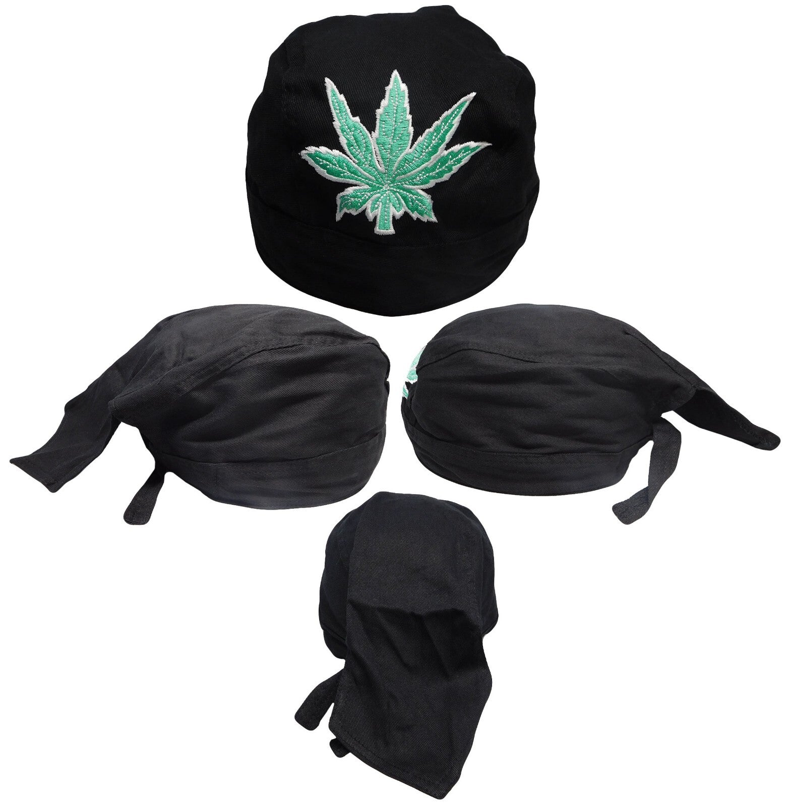 Black doo rag skull cap with embroidered marijuana leaf design.