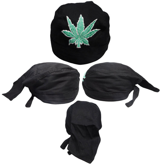 Black doo rag skull cap with embroidered marijuana leaf design.