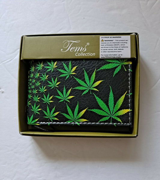 Marijuana Pot Leaf men's leather wallet in gift box, featuring bi-fold design with credit card and currency slots.