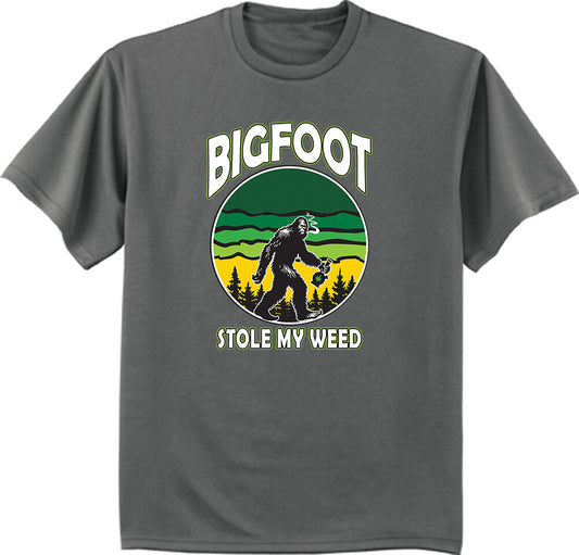 Bigfoot weed shirt featuring cannabis pot leaf and stoner 420 graphic for men.