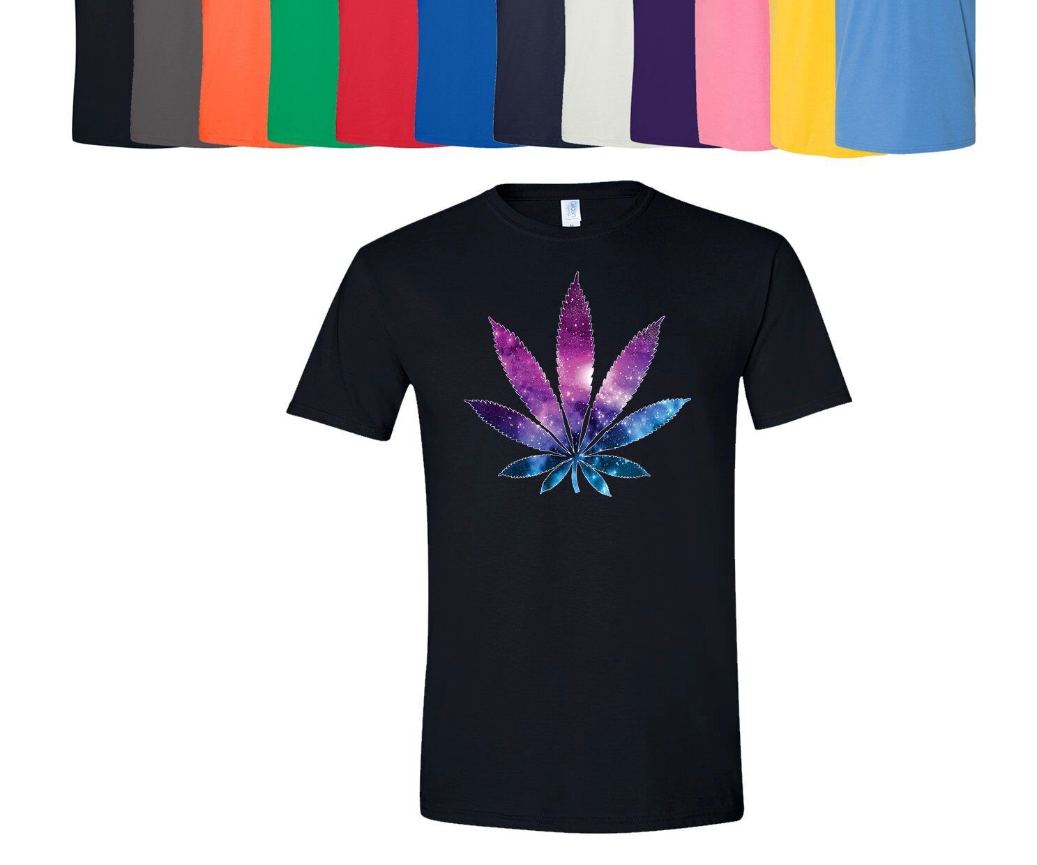 Colorful cannabis leaf galaxy design on a unisex black T-shirt, available in multiple colors.