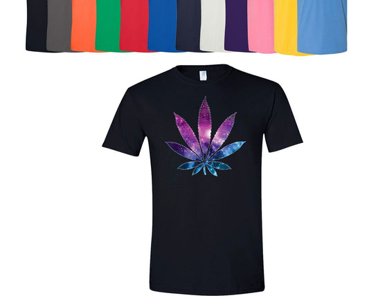 Colorful cannabis leaf galaxy design on a unisex black T-shirt, available in multiple colors.
