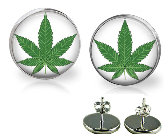 Cannabis leaf glass top stud earrings in stainless steel bezel setting with secure butterfly backings.