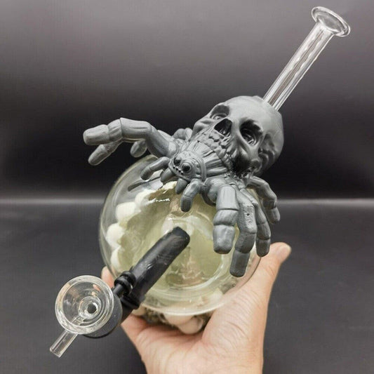Skeleton Spider Hookah silicone water pipe with 14mm glass bowl, black design.