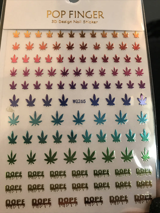 Marijuana leaf 3D nail art stickers with colorful designs.