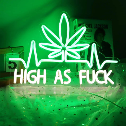 Leaf Weed LED Neon Sign with USB, perfect for man cave or beer bar decor, featuring vivid green light and casual vibe.