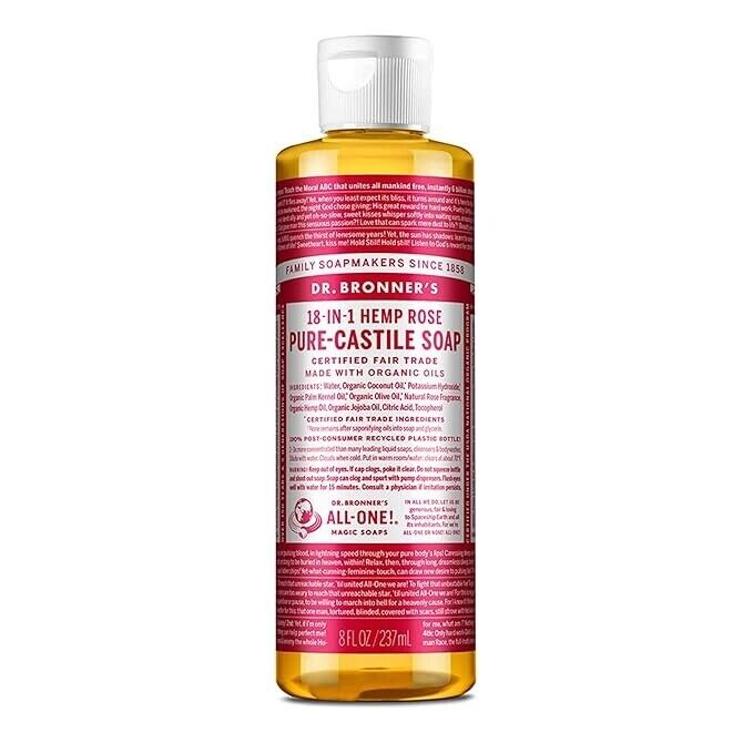 Dr. Bronner's Certified Fair Trade Hemp Rose Pure-Castile Soap 8 oz bottle.