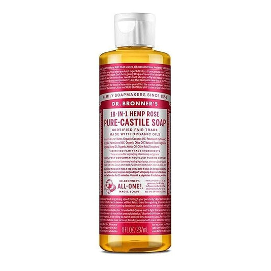 Dr. Bronner's Certified Fair Trade Hemp Rose Pure-Castile Soap 8 oz bottle.