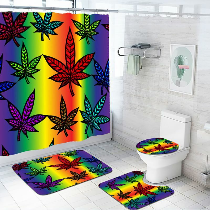 Rainbow Weed Leaf Art Shower Curtain Set Bathroom Mat Non-Slip Toilet Lid Cover