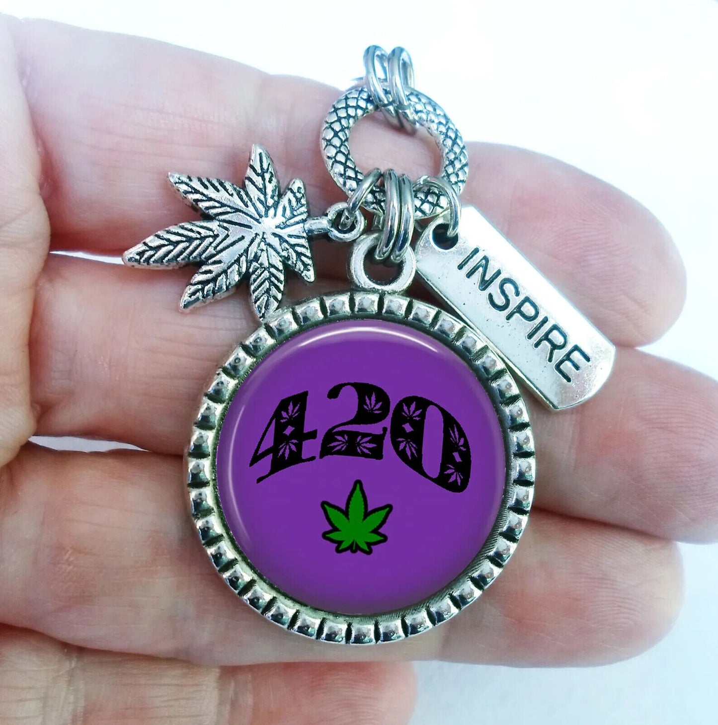 420 with Pot Leaf Keychain or Clip with Pot Leaf and Inspire Charms, Marijuana