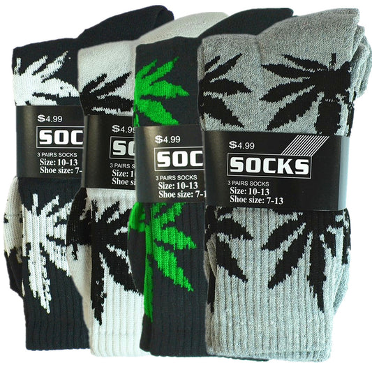 6 Pairs For Mens Sports Leaf Weed Marijuana Crew Cotton Long Socks Size 10-13