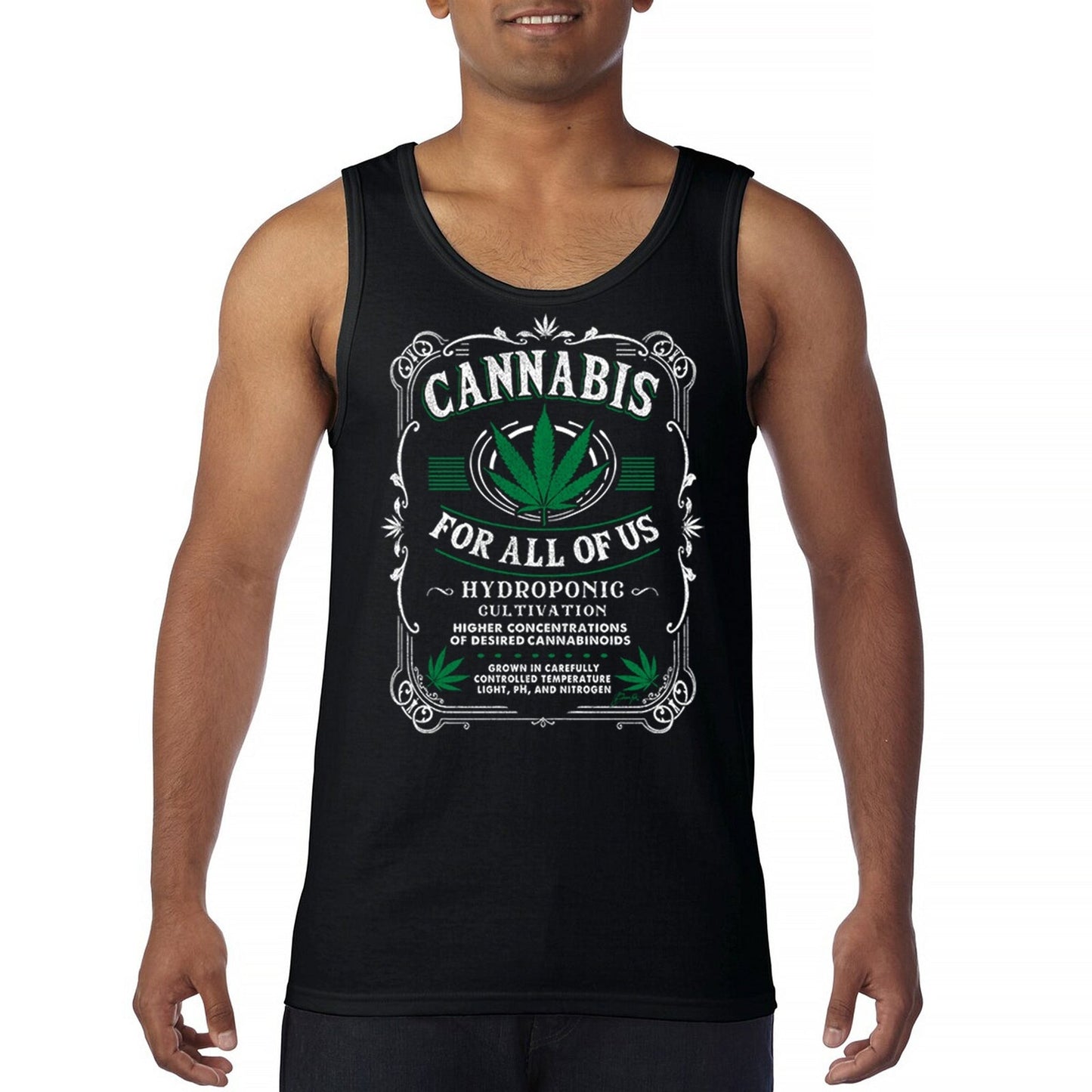 Men's black tank top with "Cannabis For All" graphic and pot leaf design, funny 420 theme.