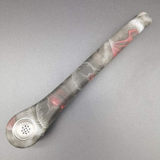 9.3" silicone bong hand pipe with bowl in gray and red design.