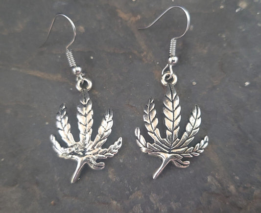 Silver pot leaf earrings with hypoallergenic hooks.