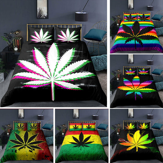 Colorful cannabis-themed bedding set with vibrant designs on a duvet cover and pillowcases.
