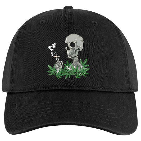 Trenz Shirt Company 420 skeleton cannabis embroidered twill cap in black with adjustable Otto buckle.