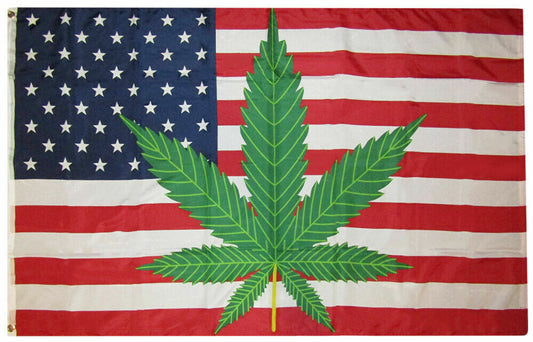 MARIJUANA LEAF flag on American background, 3'x5' polyester banner for indoor and outdoor use.