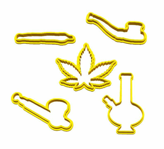 Cannabis cookie cutters set with bong and marijuana leaf shapes in yellow PLA plastic.