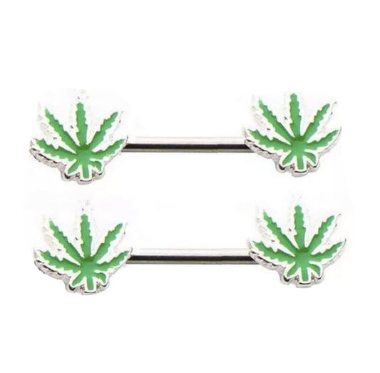 Marijuana weed nipple ring body jewelry with 14G barbell design.