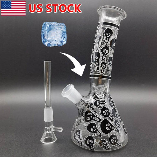 8 inch Glass Bong Black Skull Printed Hookah Smoking Water Pipes Bongs + Bowl US - Maryjanes Bong Shop