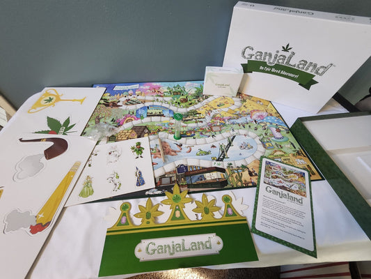 GanjaLand An Epic Weed Adventure board game setup with game pieces and colorful board.