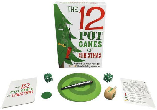 Cannabis-themed party game set with a box and accessories for 12 Pot Games of Christmas.