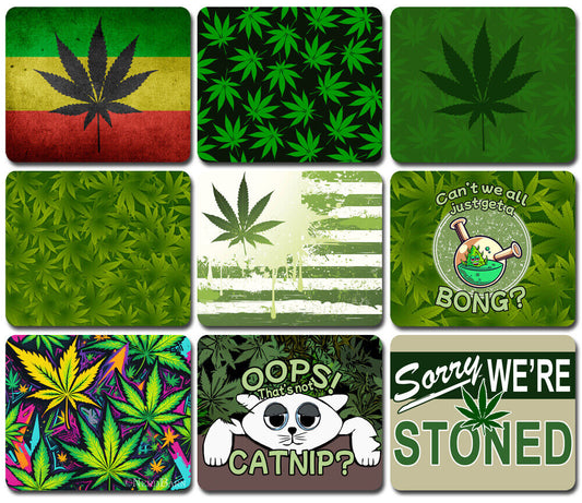 Cannabis-themed mouse pads with various designs; perfect gift for marijuana enthusiasts.