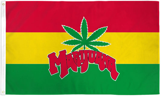 3x5ft marijuana flag with Rasta colors and bold design.