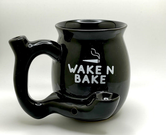 FUN NOVELTY WAKE BAKE GIFT MUG, ceramic, 13 oz capacity, includes pipe, black design, microwave and dishwasher safe.