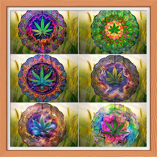 420 themed wind spinner with fluorescent option, featuring cannabis-inspired designs in vibrant colors, 10 inches in diameter for outdoor decoration.