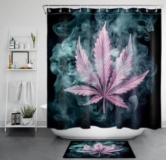 Cannabis plant purple marijuana leaf shower curtain set, featuring vibrant 3D design, waterproof polyester fabric for bathroom decor.