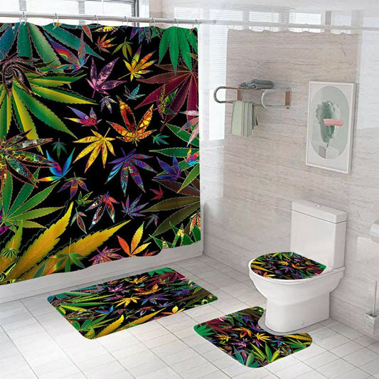 Colorful leaves shower curtain and non-slip bath mat set in bathroom.