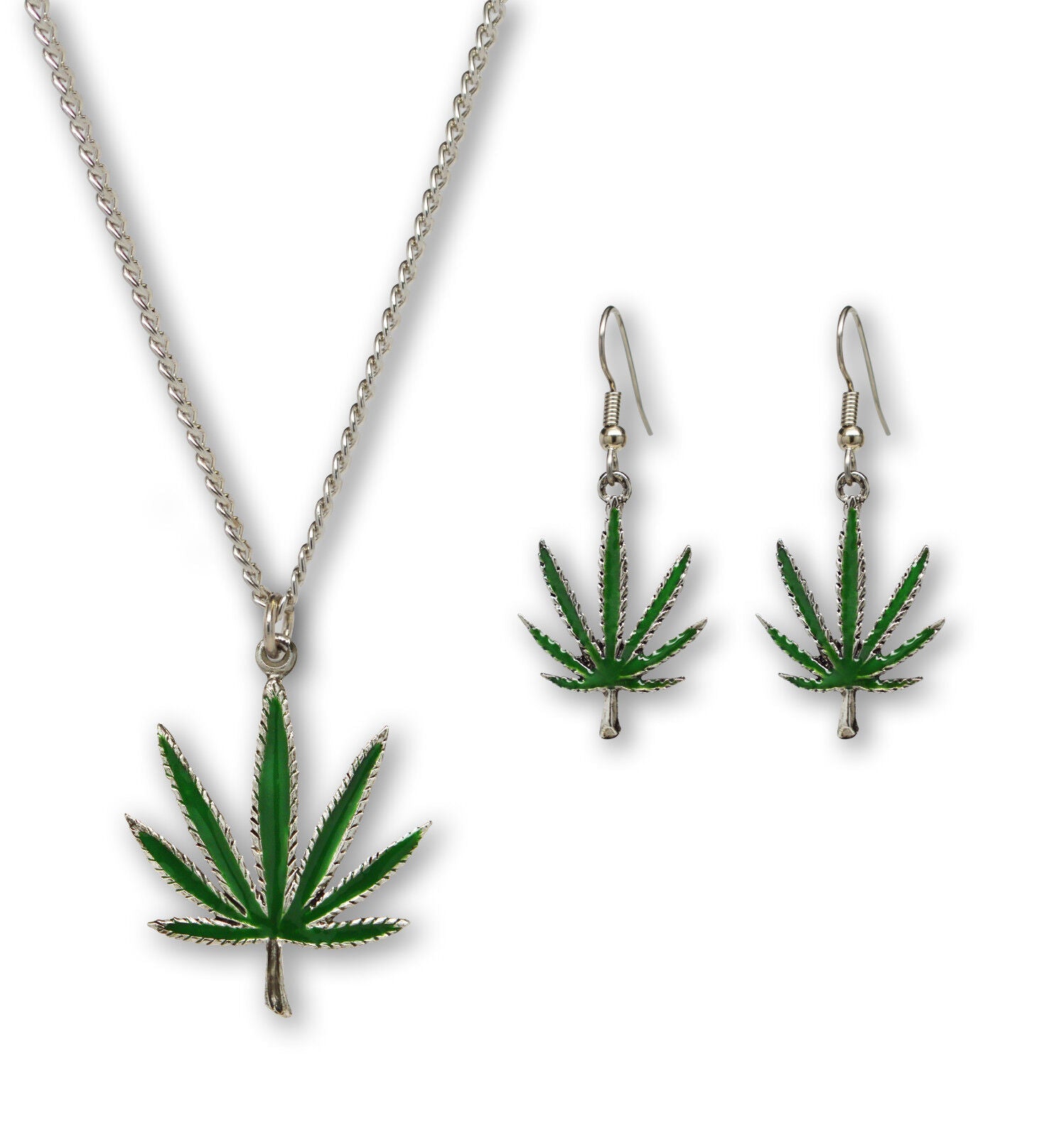 Marijuana leaf green enamel pewter necklace and earrings set.