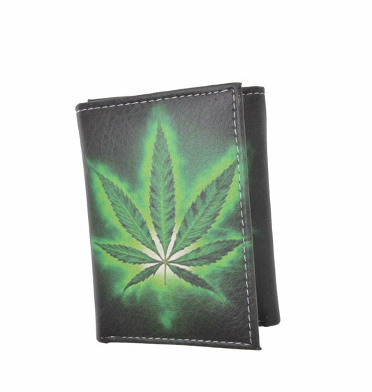 Marijuana Leaf Mens genuine leather trifold wallet with black interior and gift box.