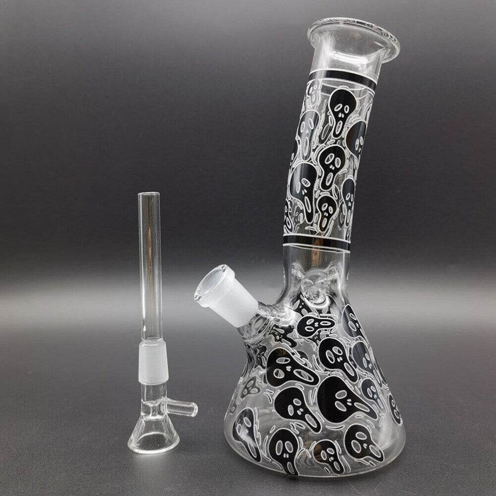 8 inch Glass Bong Black Skull Printed Hookah Smoking Water Pipes Bongs + Bowl US - Maryjanes Bong Shop