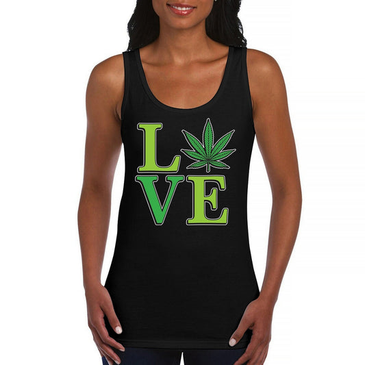 Love Weed Leaf Women's Tank Top with cannabis design and wordplay, black.