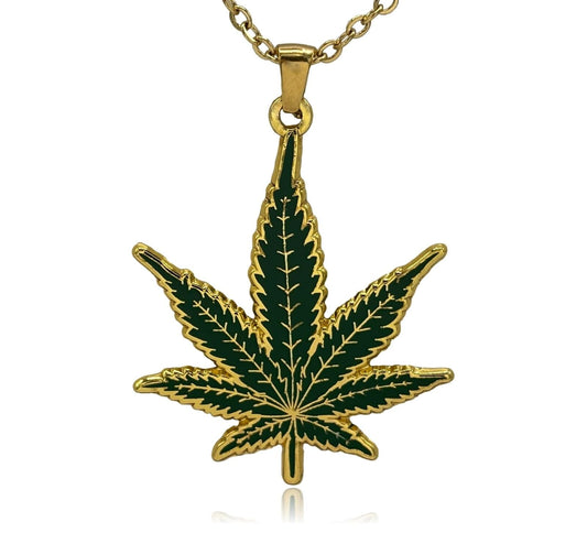 Marijuana leaf double-sided enamel pendant necklace with gold chain.