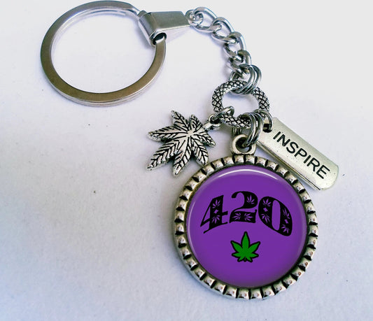 420 with Pot Leaf Keychain featuring inspire charm, lead-free and nickel-free accessory.