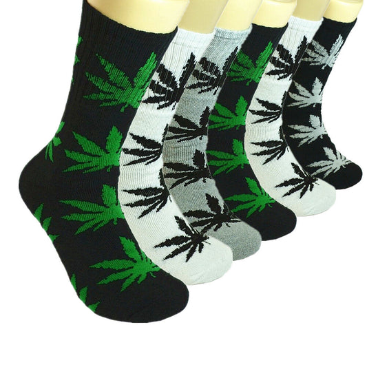 Mens sports leaf weed marijuana crew socks, cotton, size 10-13, set of 6 pairs.