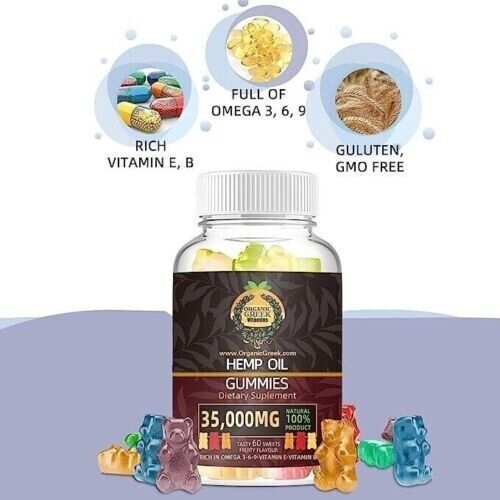 Natural Gummies Bears for Calm, Sleep, Stress Relief; Hemp Oil Dietary Supplement with Omega 3, 6, 9, Rich in Vitamins E, B; Gluten, GMO-Free.