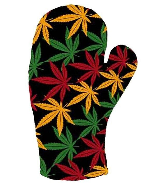 Rasta colors pot leaf oven mitt with black background.
