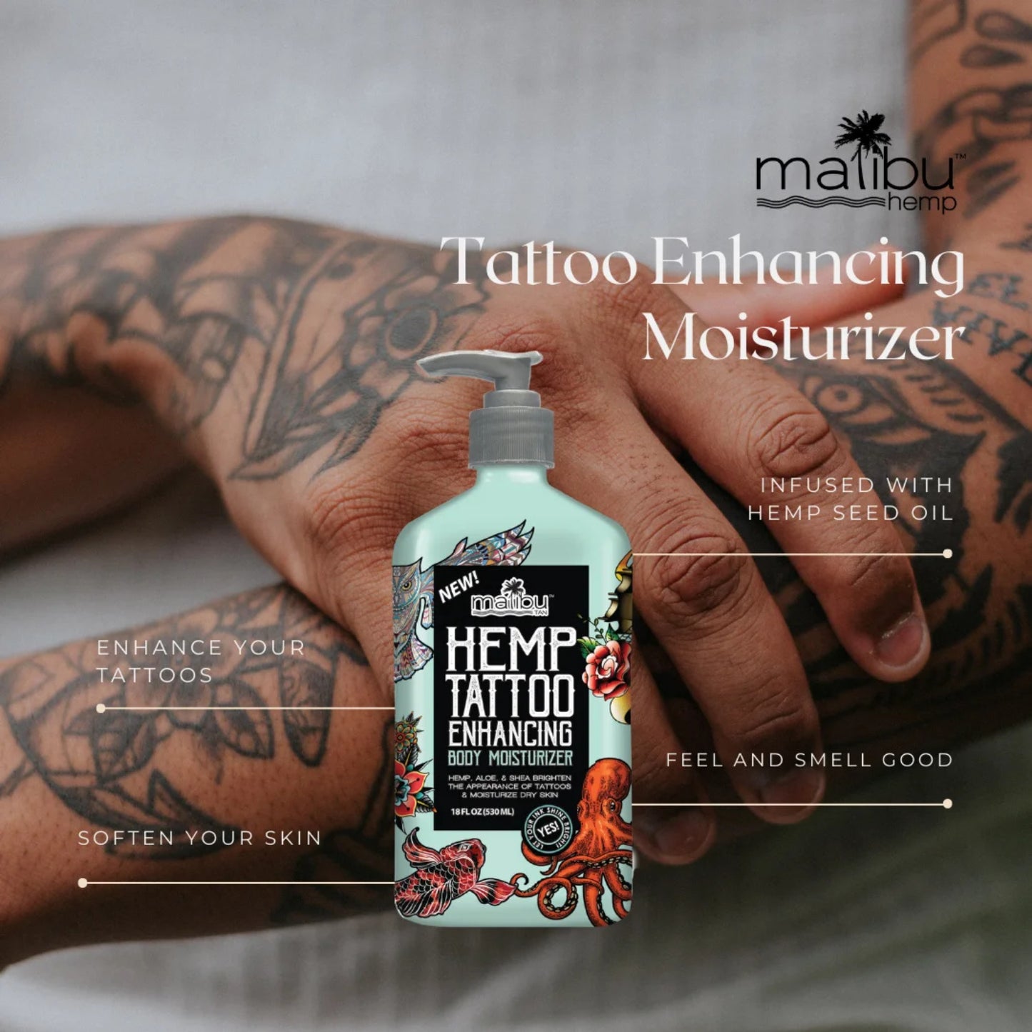 Malibu Hemp Tan Tattoo Enhancing Body Moisturizing Lotion, 18 fl oz (530mL)