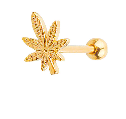 14G gold pot leaf marijuana surgical steel tongue ring barbell.