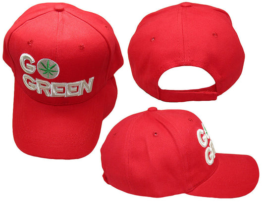 Go Green Marijuana embroidered red 100% cotton hat with adjustable strap.