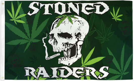 Stoned Raiders Flag 3x5ft with skull and marijuana leaf design, lightweight fabric.
